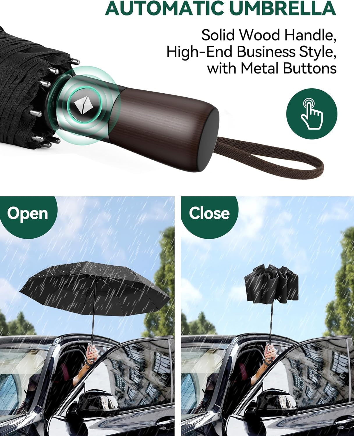 Umbrella Windproof Strong Real Wood Handle Auto Open Close Vented Double Canopy - Portable Compact Folding Travel Umbrella, Strong Fiberglass Frame for Men and Women