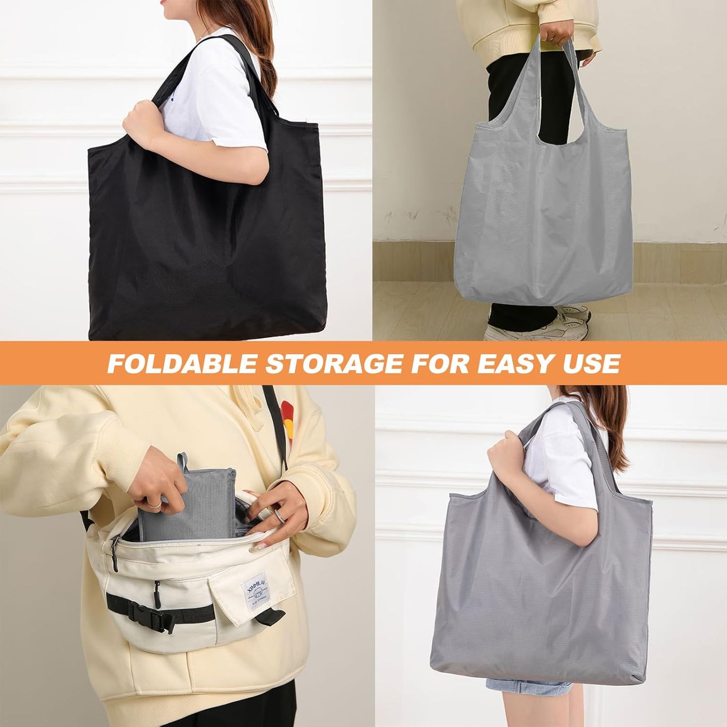 Reusable Shopping Bag Foldable, Large Fold up Tote Shopping Bags Folding in a Pouch Washable Grocery Bags Storage Black & Grey